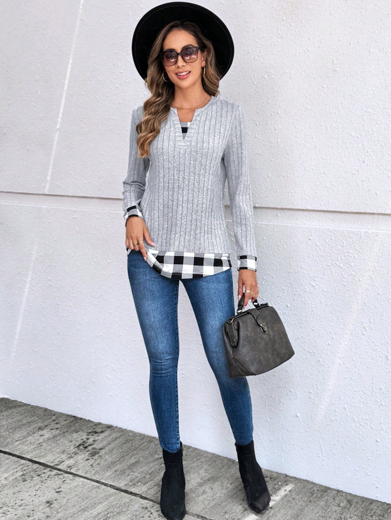 EMERY ROSE Women's Casual Plaid Patchwork Long Sleeve Tops