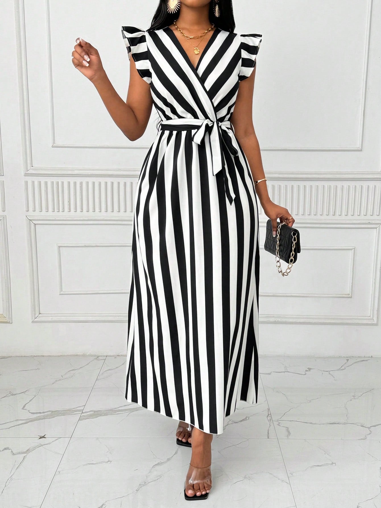 Lyxana Women's V-Neck Cinched Waist Wide Skirt Long Dress With Bow Tie, Black And White Vertical Striped, Long Sleeve Maxi Women Outfit