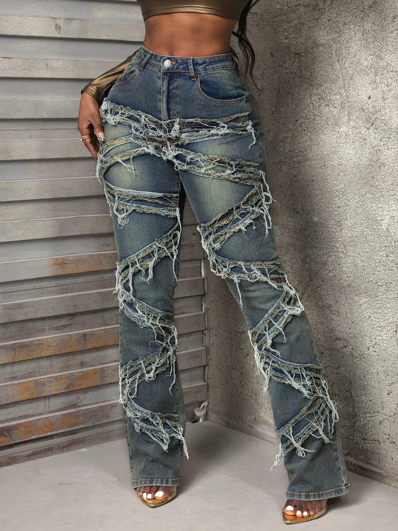 Slayr Women's Fashion Patchwork Fringed Hem Casual Denim Jeans
