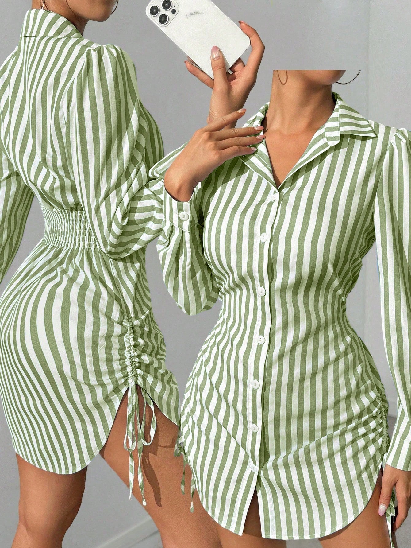 Foxxy Striped Side Drawstring Shirt Dress