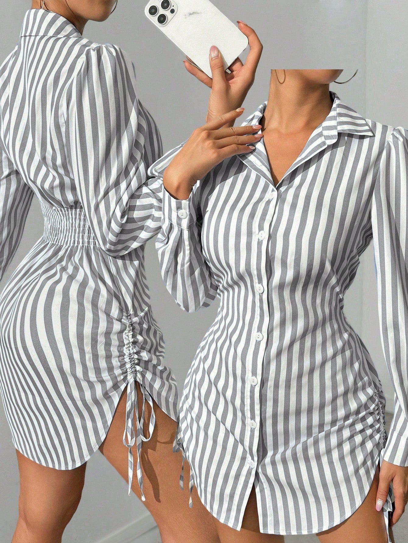 Foxxy Striped Side Drawstring Shirt Dress