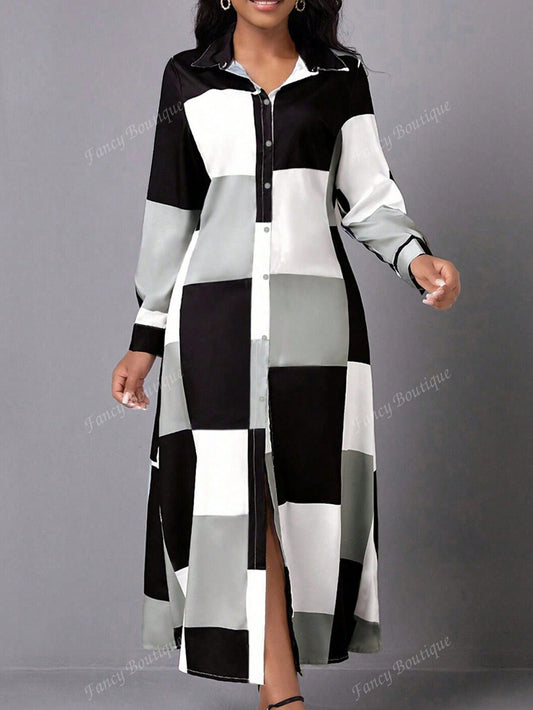 Women Fashion Collared Long Sleeve Color Block Button Up Dress,Ladies Casual Button,Button Front,Split Long Sleeve Shirt Collar Regular Fit Long Multicolor Regular Sleeve Colorblock,Plaid Shirt Women Long Dresses,Spring/Fall,Casual Daily Wear