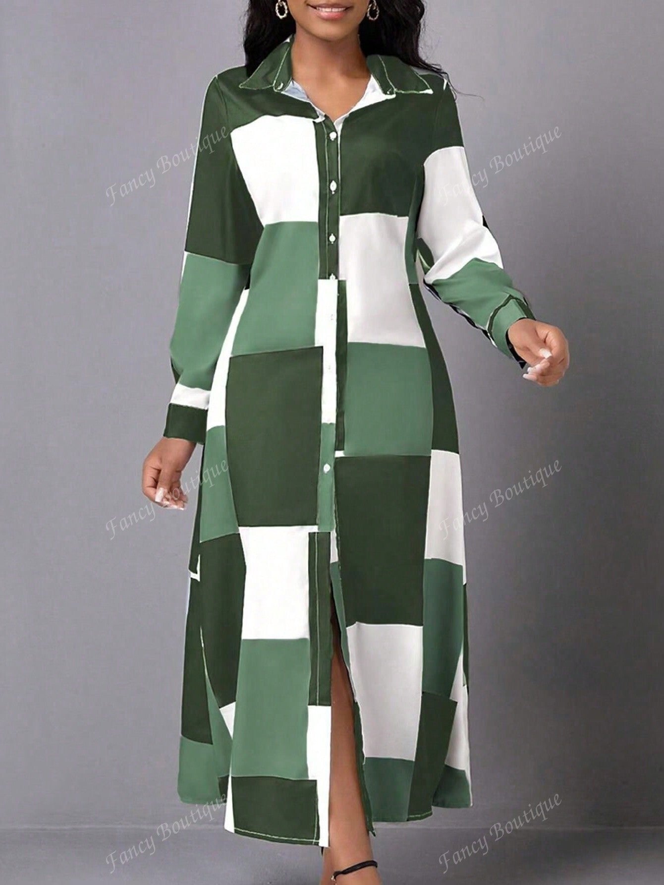 Women Fashion Collared Long Sleeve Color Block Button Up Dress,Ladies Casual Button,Button Front,Split Long Sleeve Shirt Collar Regular Fit Long Multicolor Regular Sleeve Colorblock,Plaid Shirt Women Long Dresses,Spring/Fall,Casual Daily Wear