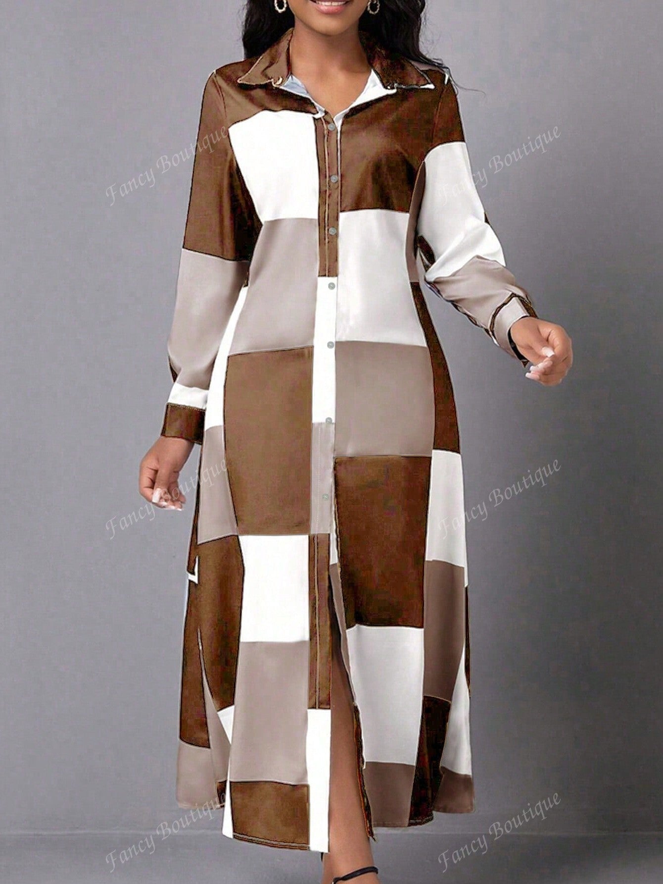 Women Fashion Collared Long Sleeve Color Block Button Up Dress,Ladies Casual Button,Button Front,Split Long Sleeve Shirt Collar Regular Fit Long Multicolor Regular Sleeve Colorblock,Plaid Shirt Women Long Dresses,Spring/Fall,Casual Daily Wear