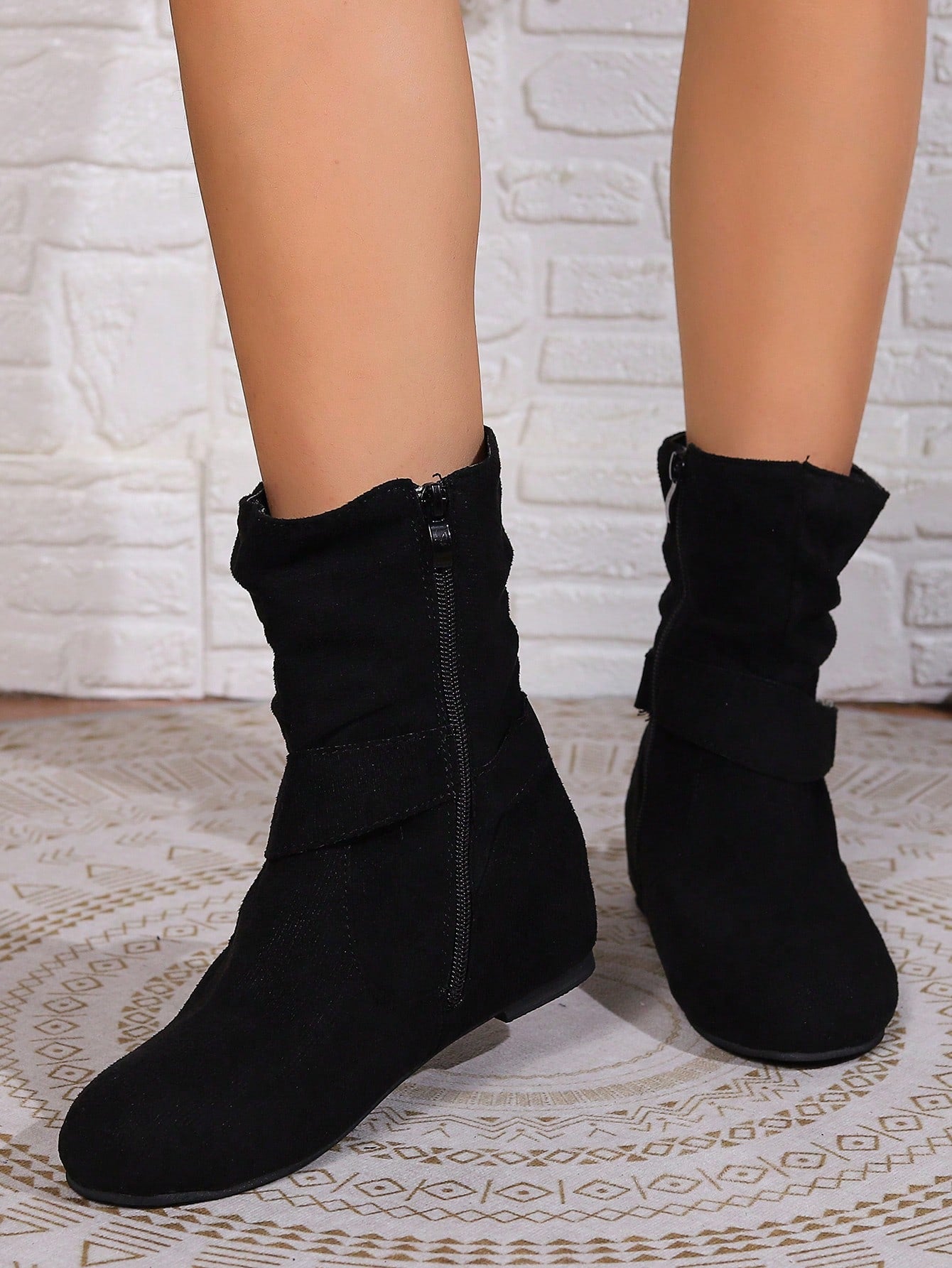 Black Suede Pleated Buckle Strap Ankle Boots For Autumn & Winter