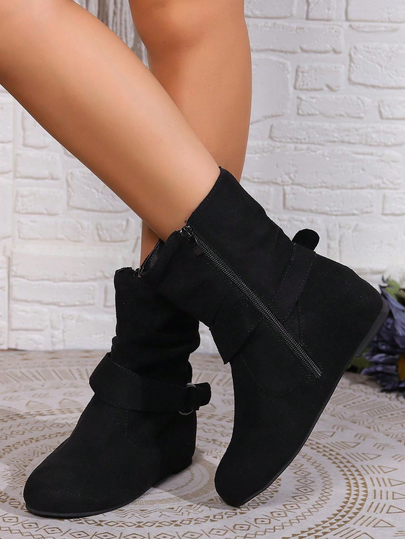 Black Suede Pleated Buckle Strap Ankle Boots For Autumn & Winter