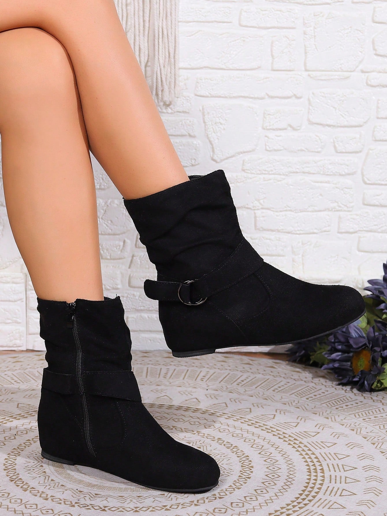 Black Suede Pleated Buckle Strap Ankle Boots For Autumn & Winter
