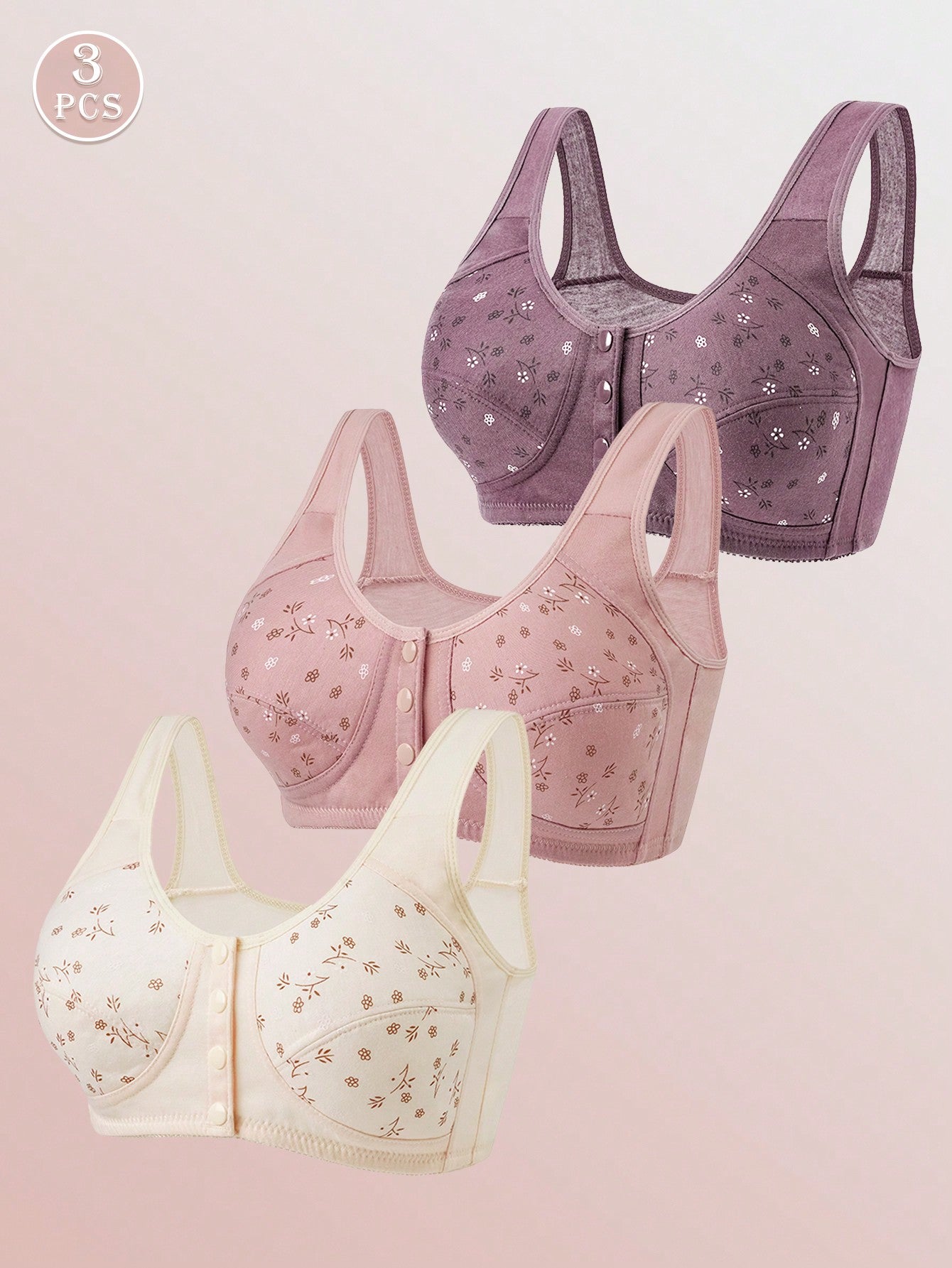 3pcs Front Closure Soft Camisole Bras For Mature Women, Wire-Free Plus Size Comfortable Lingerie