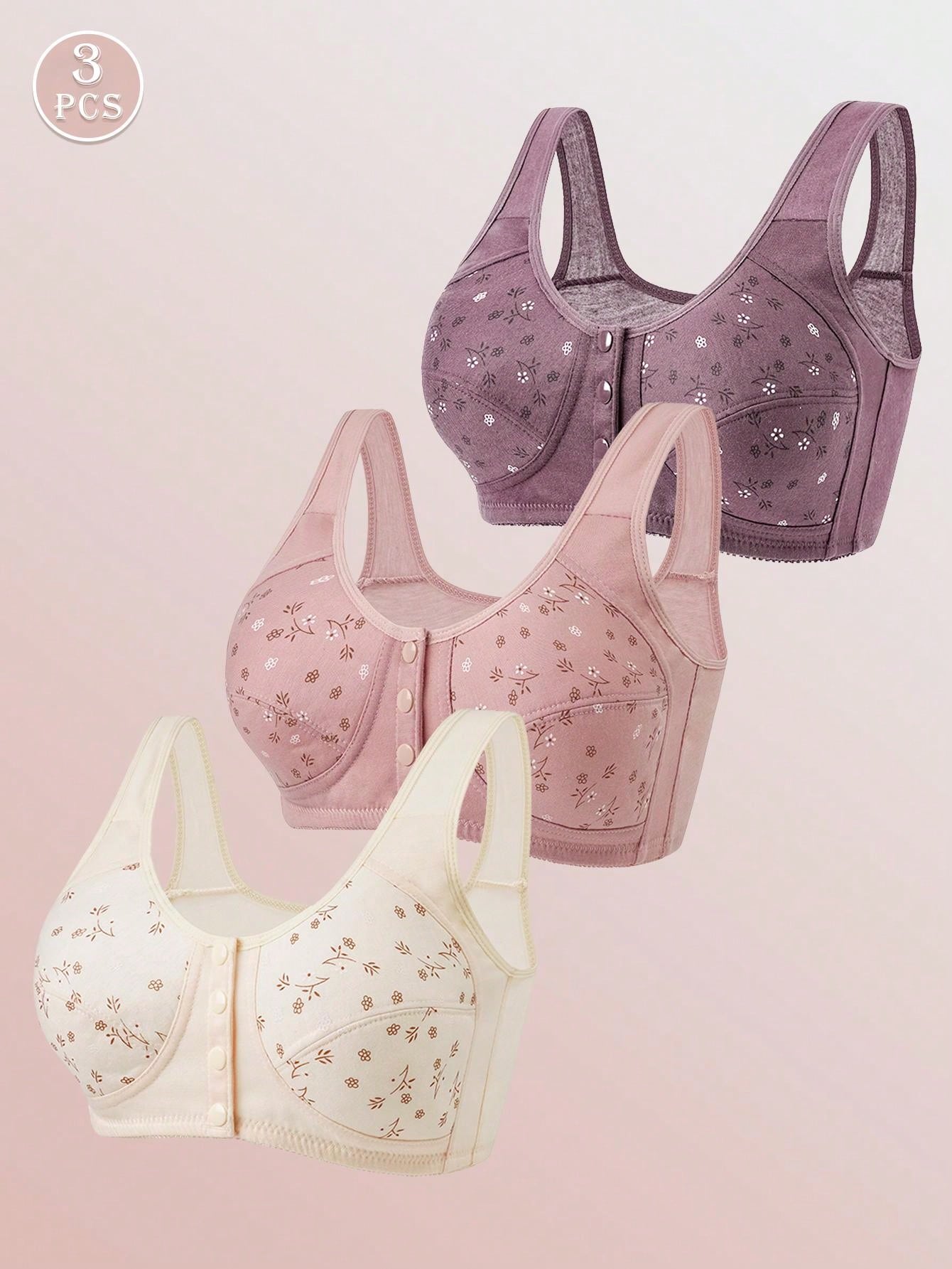 3pcs Front Closure Soft Camisole Bras For Mature Women, Wire-Free Plus Size Comfortable Lingerie