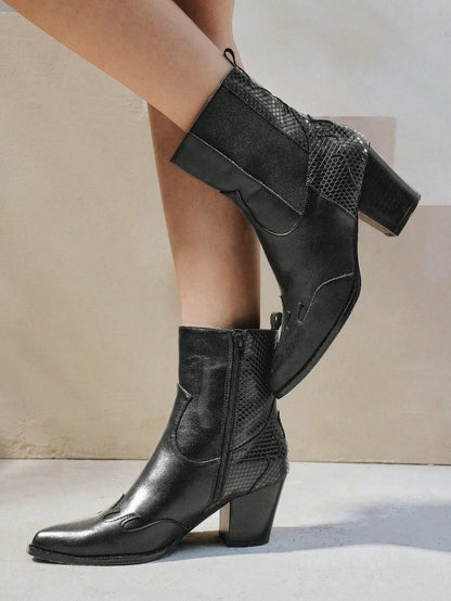 Styleloop Fashionable Women's Western Style Rhinestone Low-Heeled Mid-Calf Boots Fall