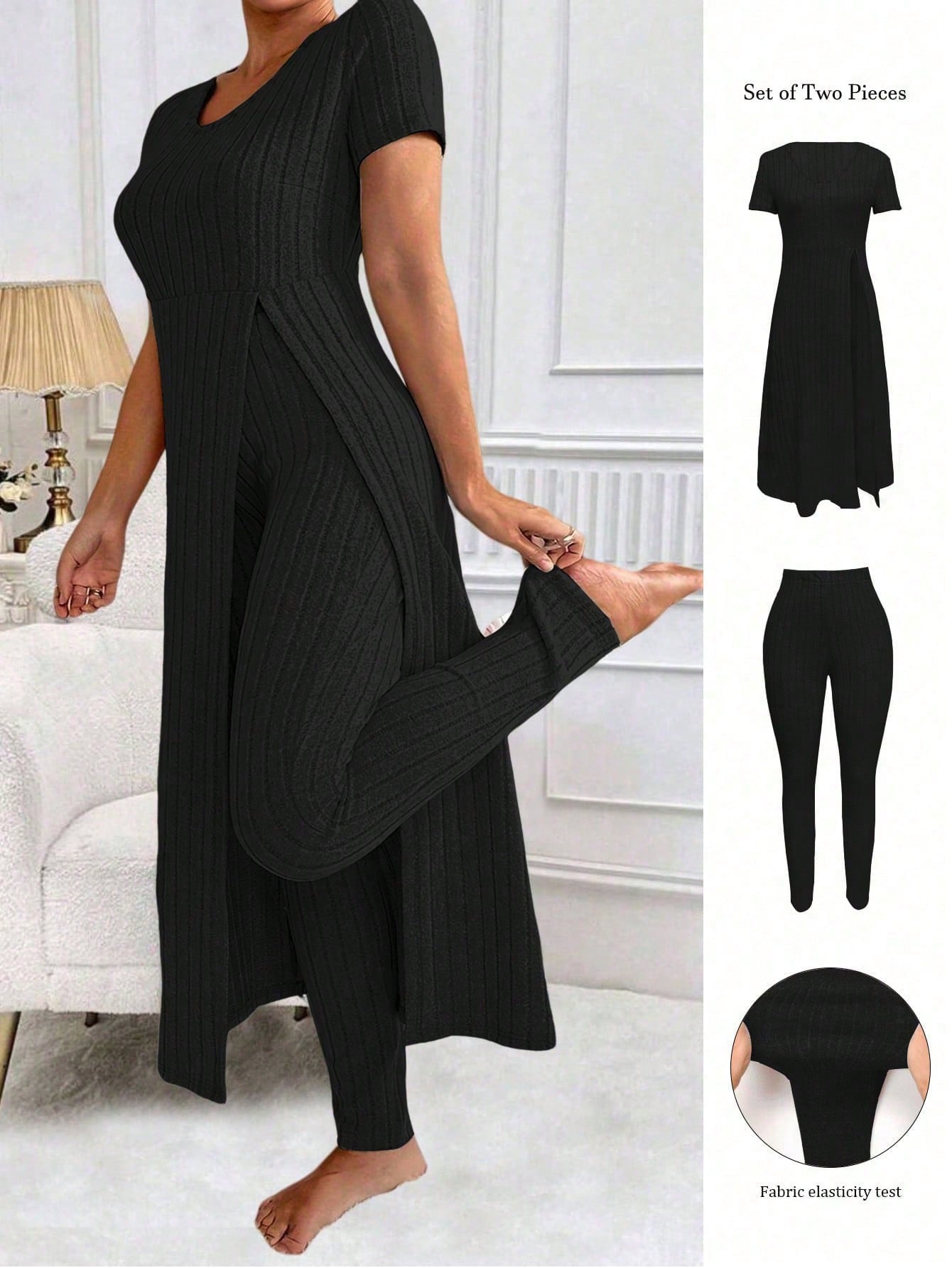 LUNE Plus Size Women Solid Color Simple Daily Short Sleeve Top & Long Pants Set