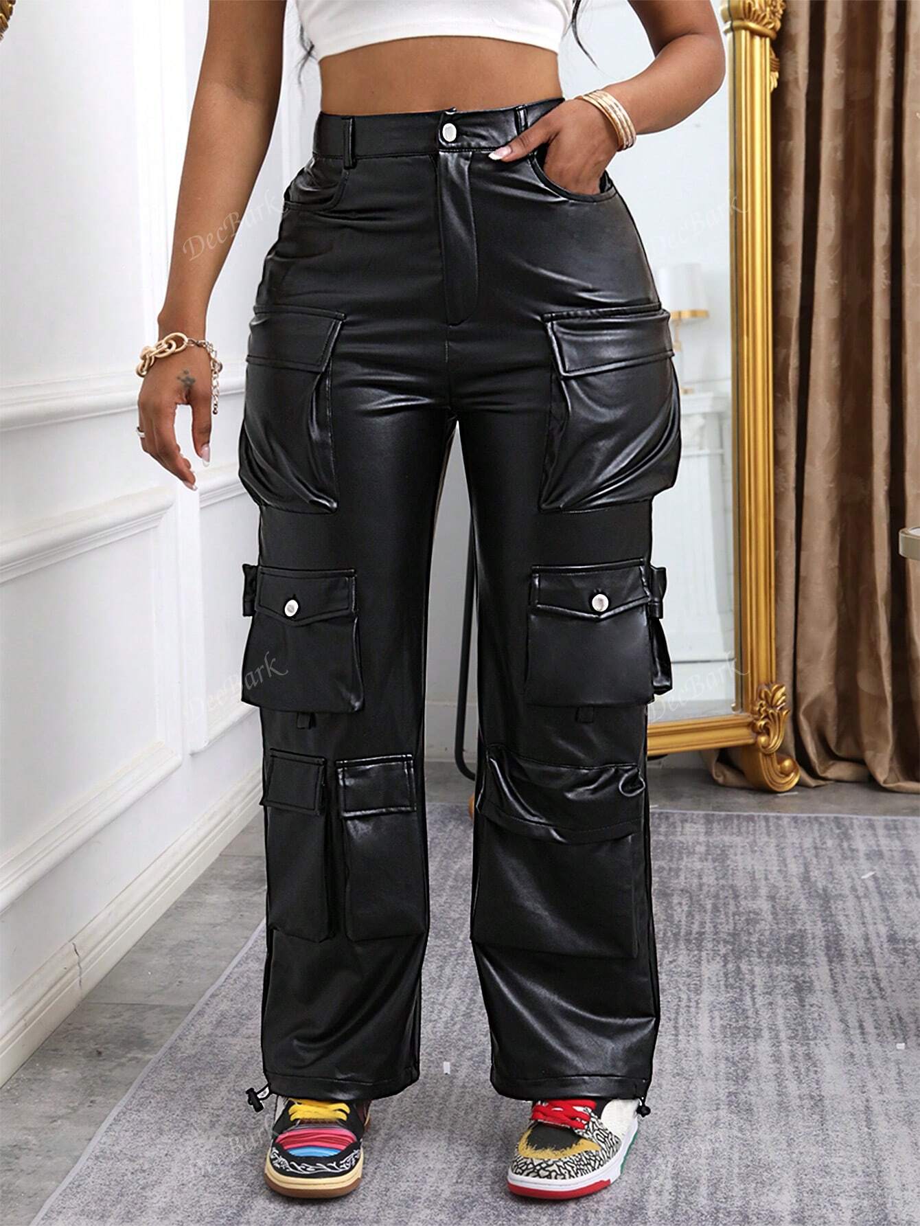 Women Front Button Multi-Pocket Cargo Leather Pants, Casual Everyday Wear