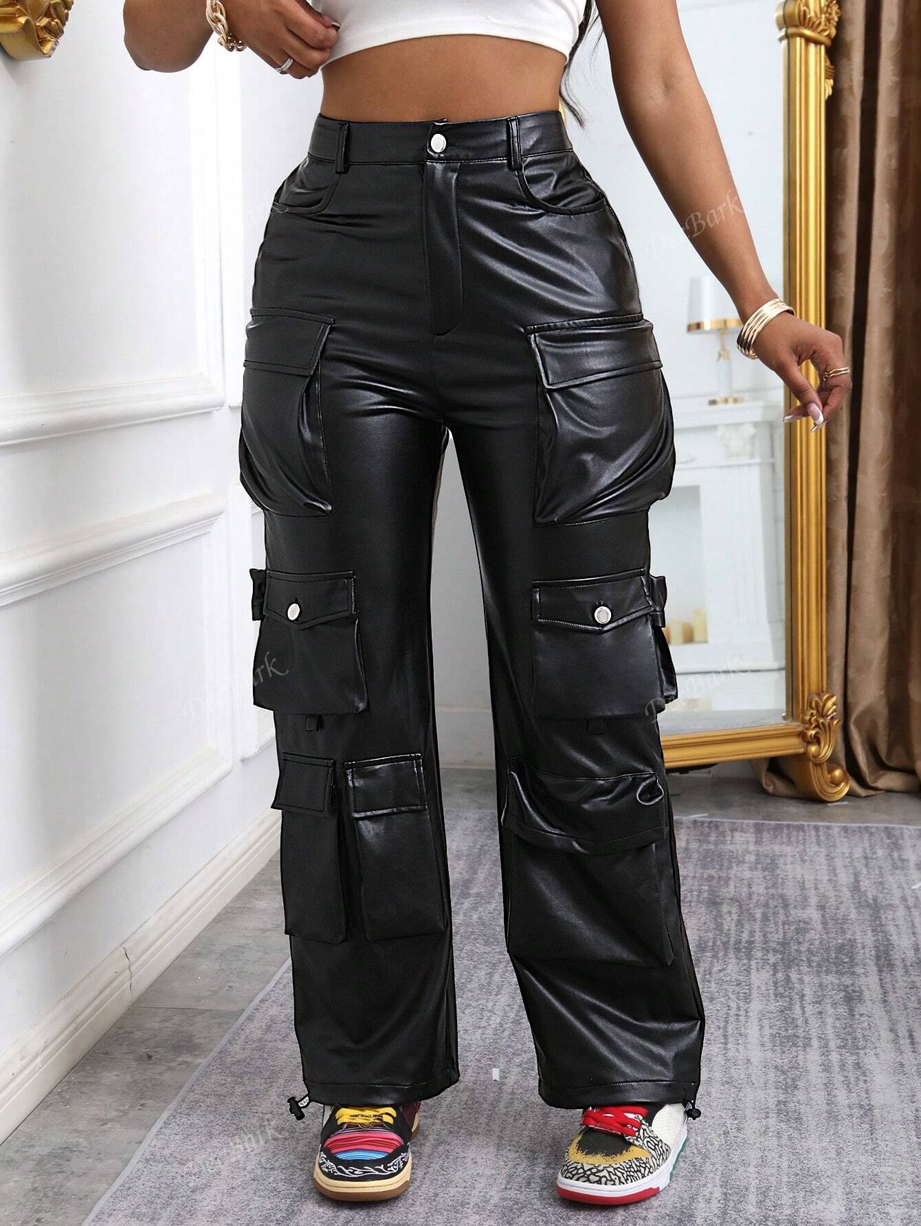 Women Front Button Multi-Pocket Cargo Leather Pants, Casual Everyday Wear