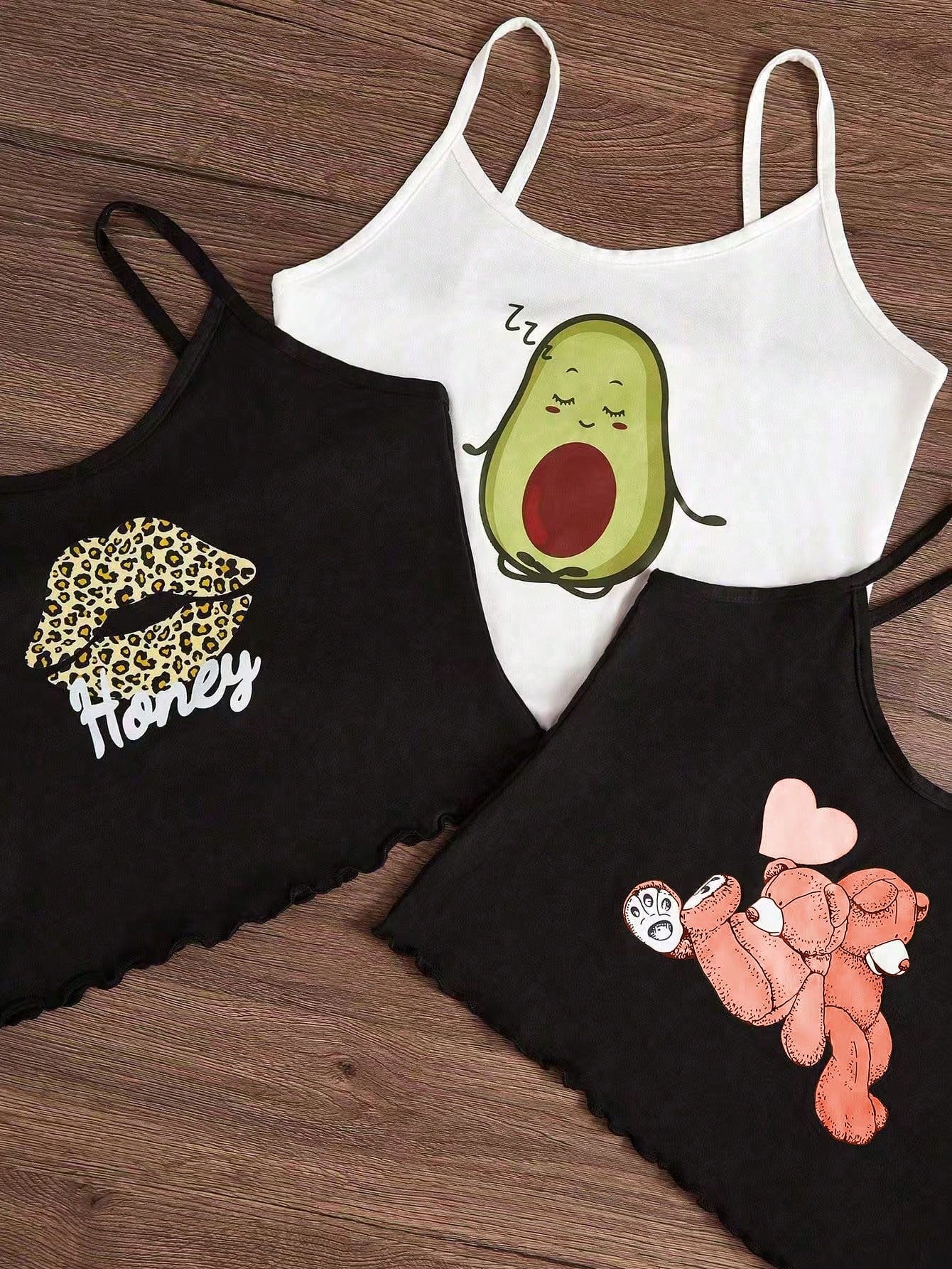 3pcs/Set Cartoon Print Camisole & Shorts Pajama Set