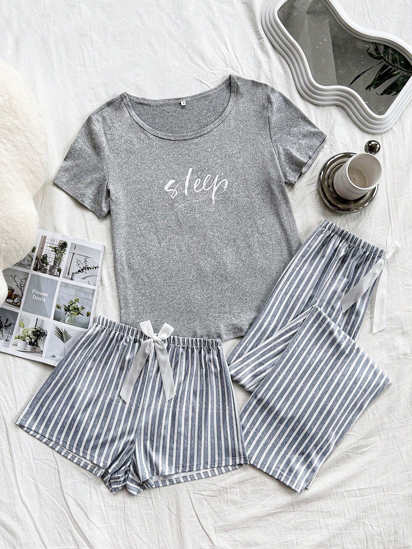 Women 3pcs Striped & Butterfly Print Short Sleeve Sleepwear Set - Shorts & Long Pants
