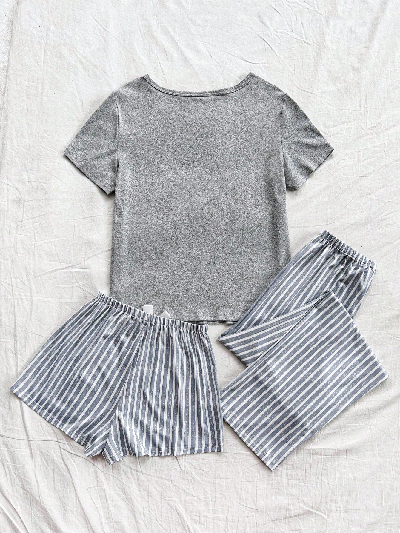 Women 3pcs Striped & Butterfly Print Short Sleeve Sleepwear Set - Shorts & Long Pants