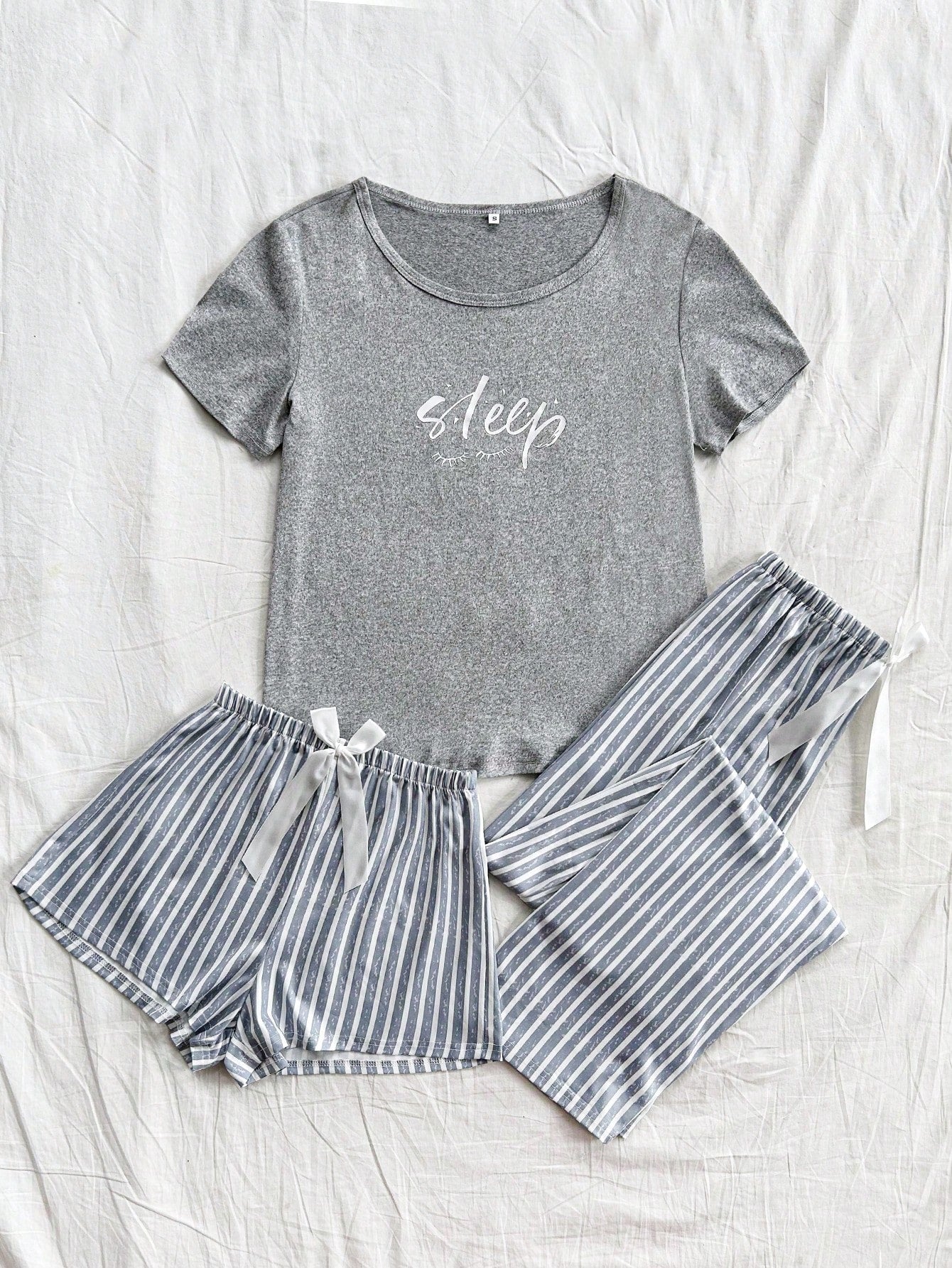 Women 3pcs Striped & Butterfly Print Short Sleeve Sleepwear Set - Shorts & Long Pants