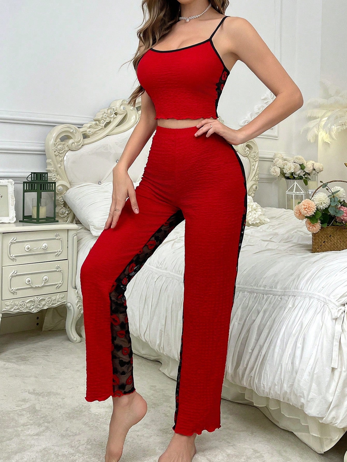 2pcs/Set Contrast Color Lace See-Through Backless Camisole And Pants Sleepwear