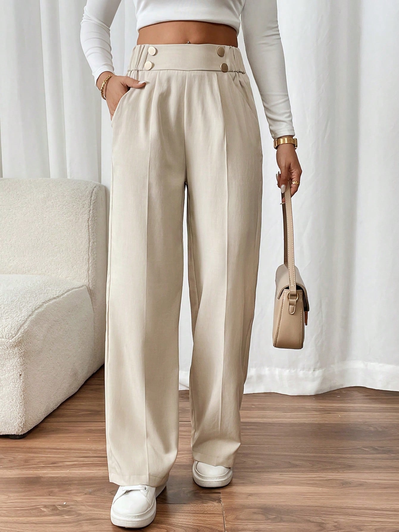 Frenchy Women's Elegant Straight-Leg Office Pants With Double Buckle,Women Fall Clothes ,Office Siren,Business Women Clothes,Elegant Effortless Chic Essential,
