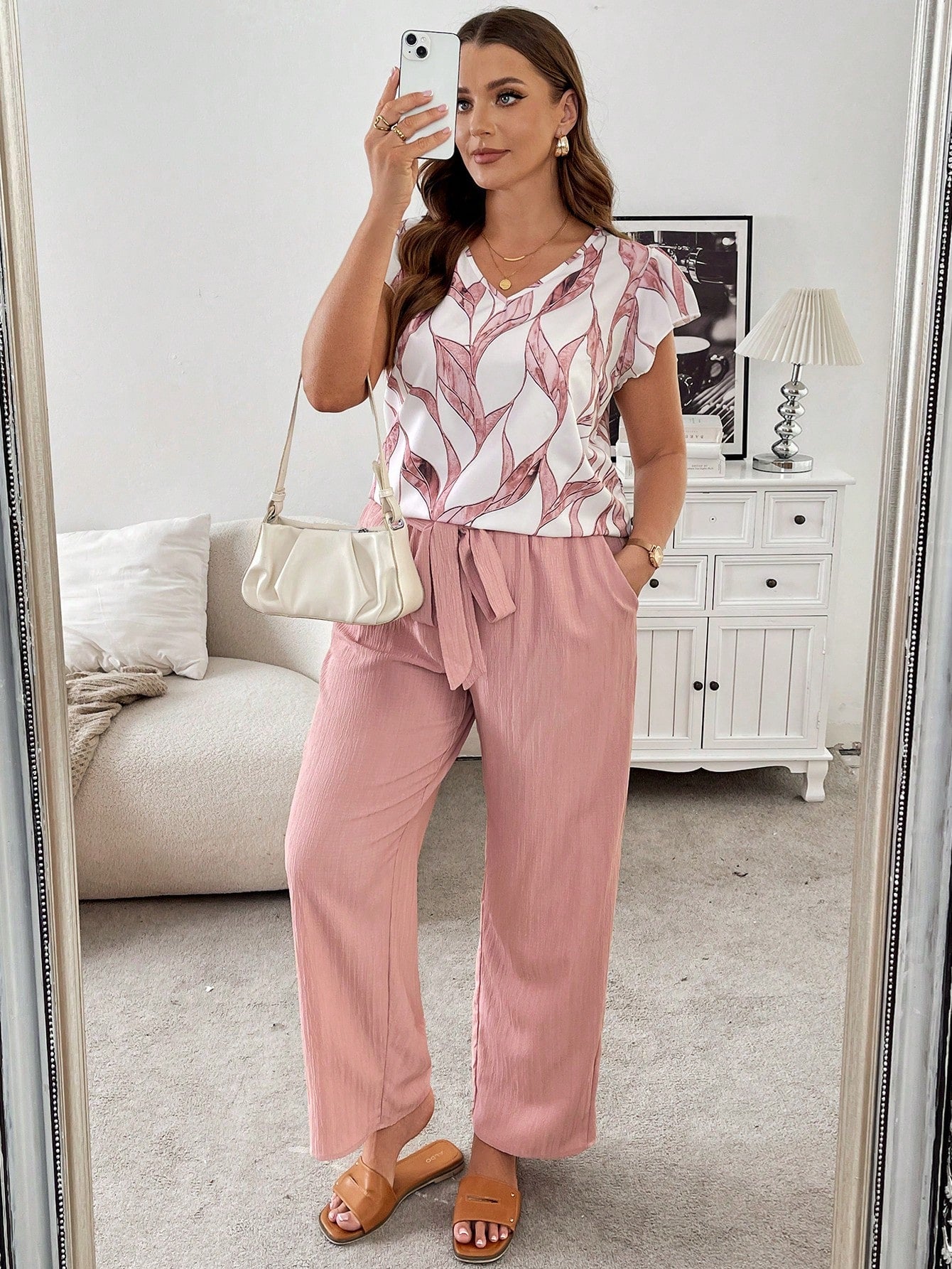 Frenchy Comfortable Summer Plus Size 2pcs Set With Pockets Vacation, Bow Tie Waistband And Leaf Pattern