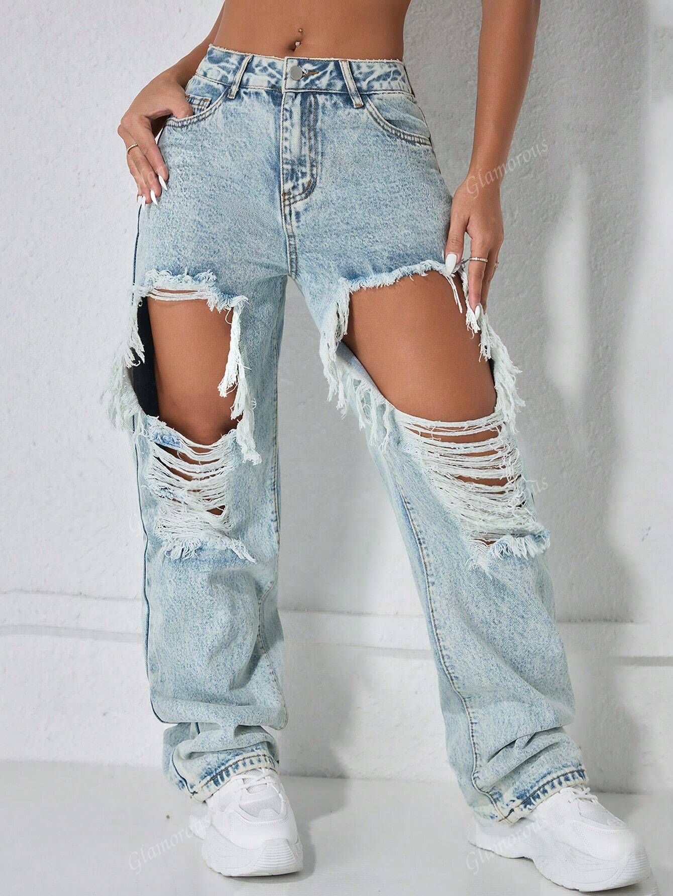 Street High Waist Slant Pocket Ripped Straight Leg Jeans