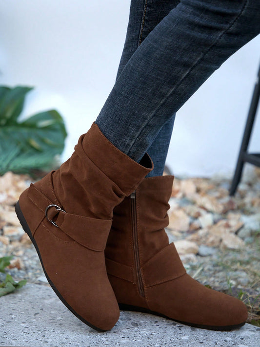 Women's Side Zipper Pleated Stacked Boots, Strap With Metal Buckle Round Toe Flat Versatile Fashion Boots