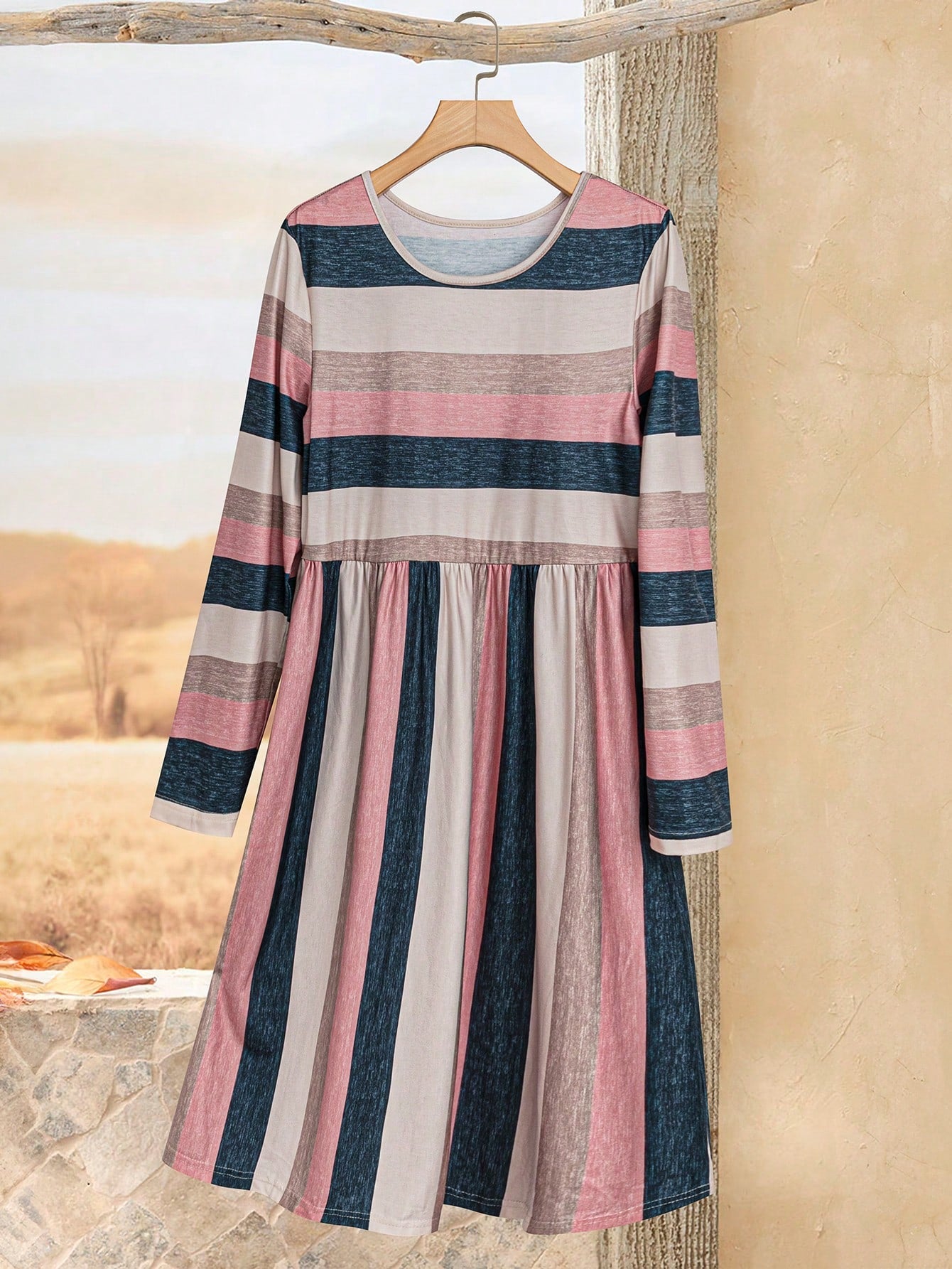 RusticEase Women Casual Color Block Striped Mini Dress For Autumn