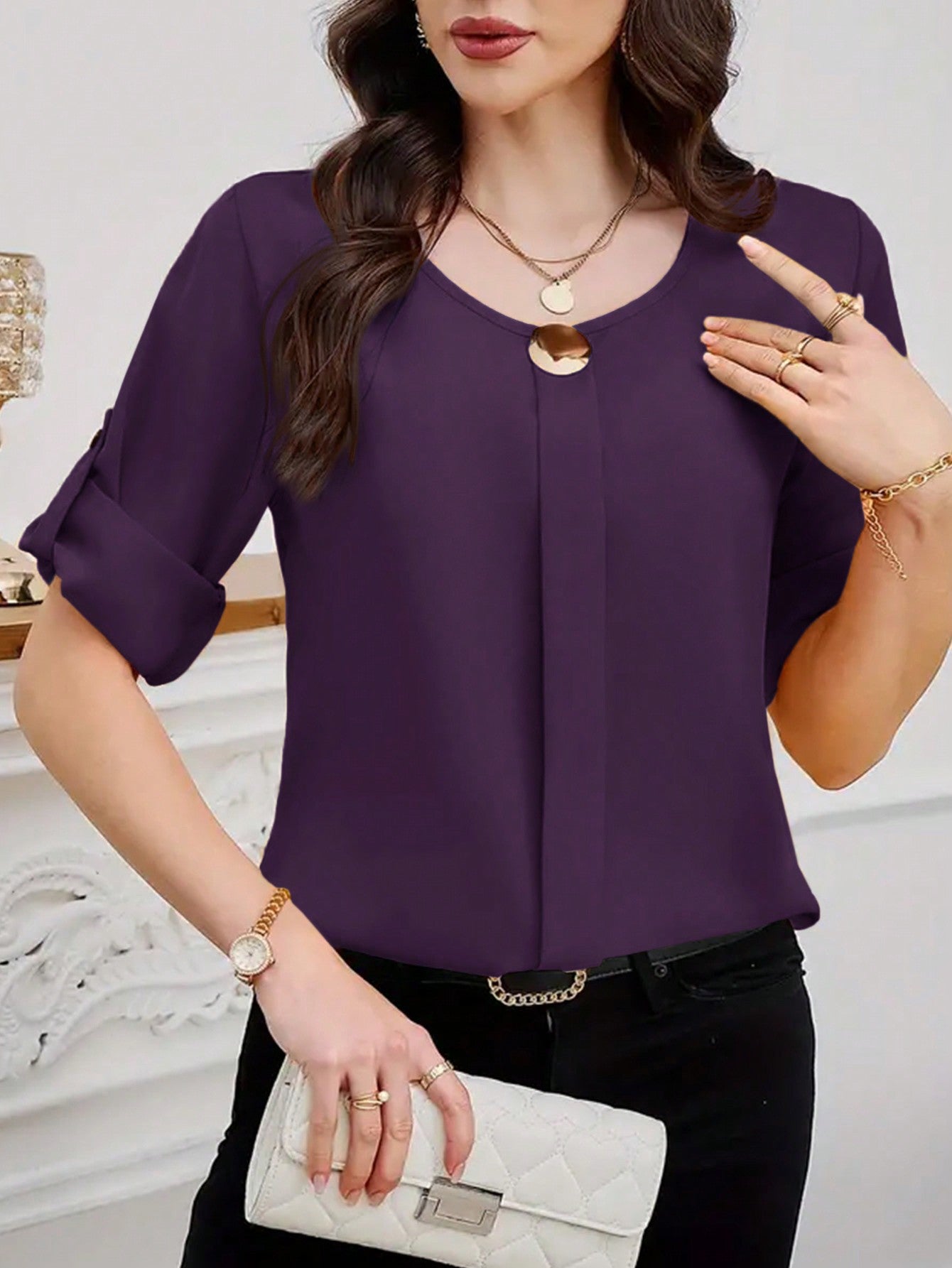 Clasi Women Solid Roll Up Sleeve Blouse