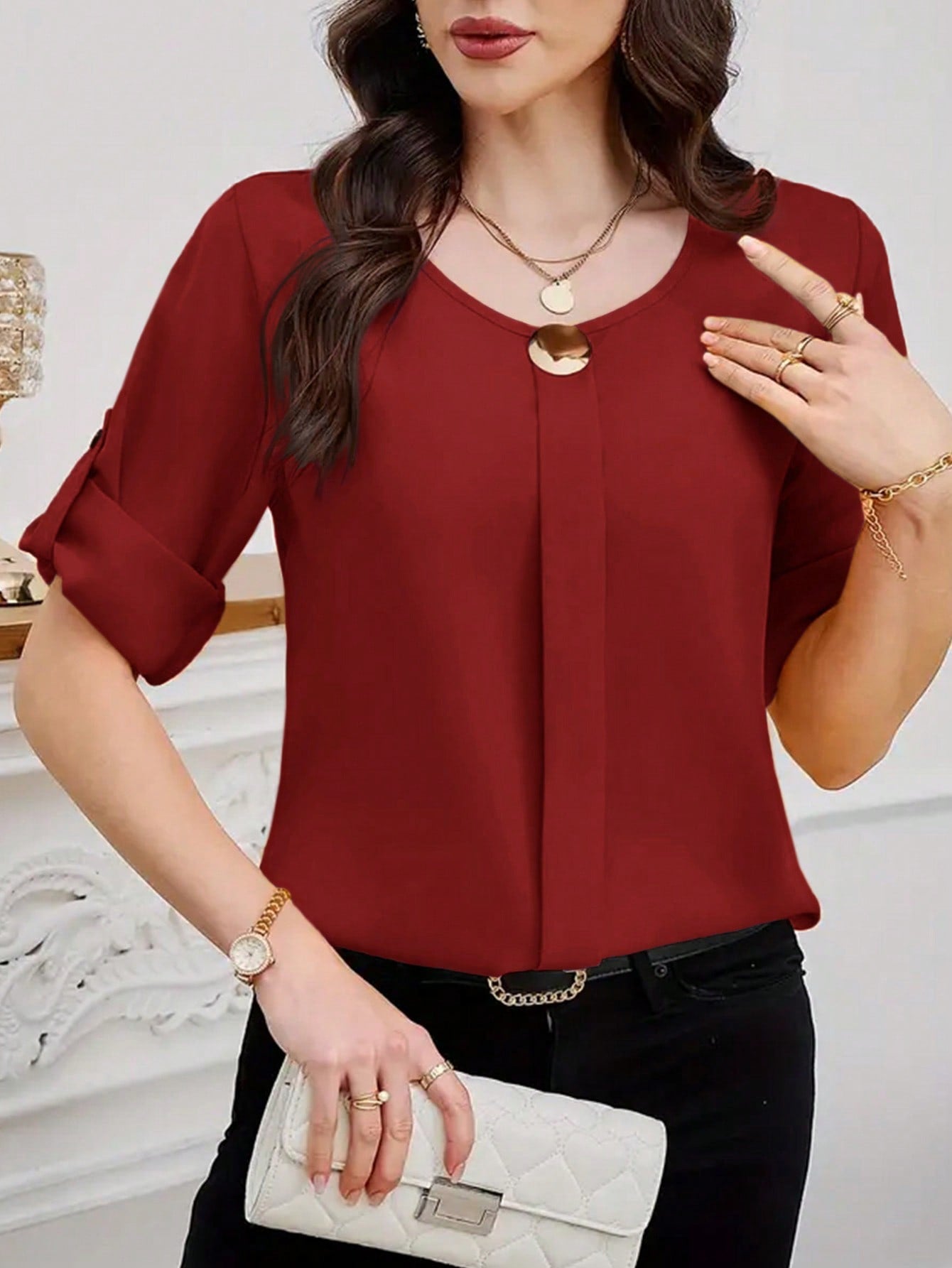 Clasi Women Solid Roll Up Sleeve Blouse