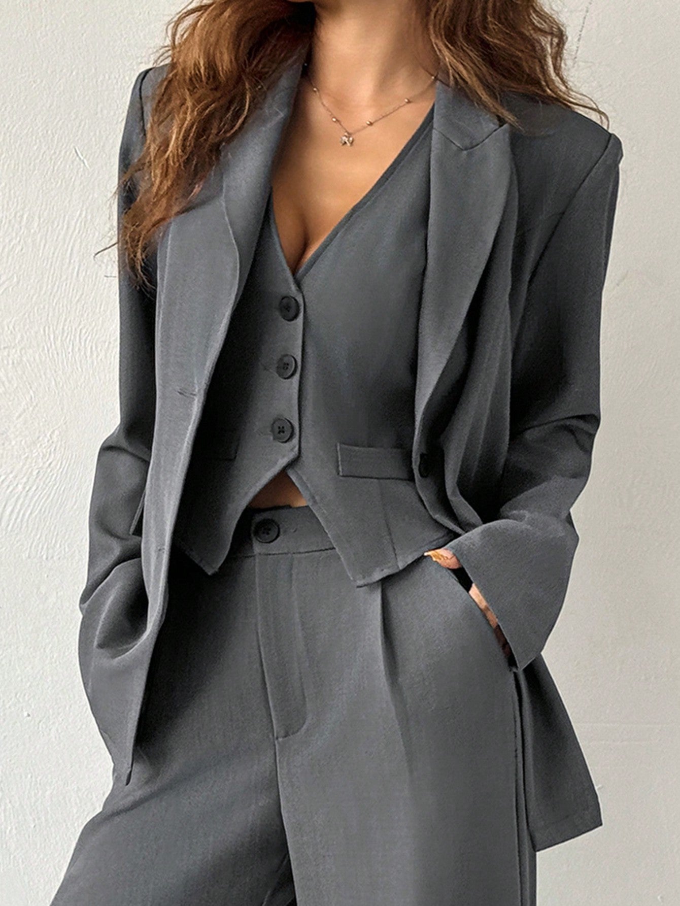 EZwear 3pcs/Set Solid Grey Suit Jacket, Vest And Pants