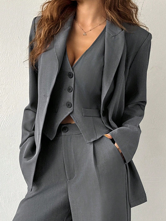 EZwear 3pcs/Set Solid Grey Suit Jacket, Vest And Pants