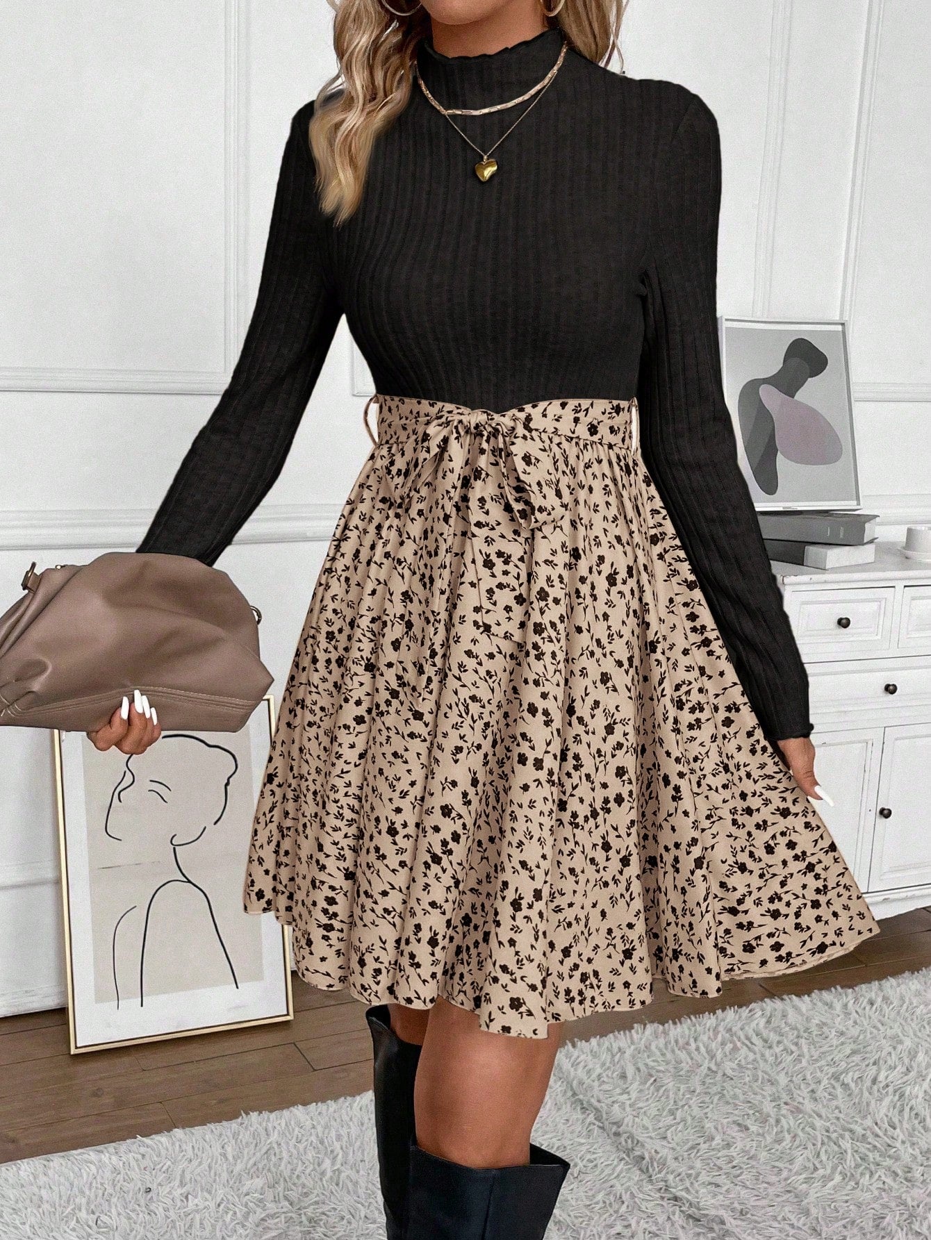 Frenchy Ditsy Floral Print Mock Neck Belted Bottom&Top Two Tone A Line Floral Print Dress