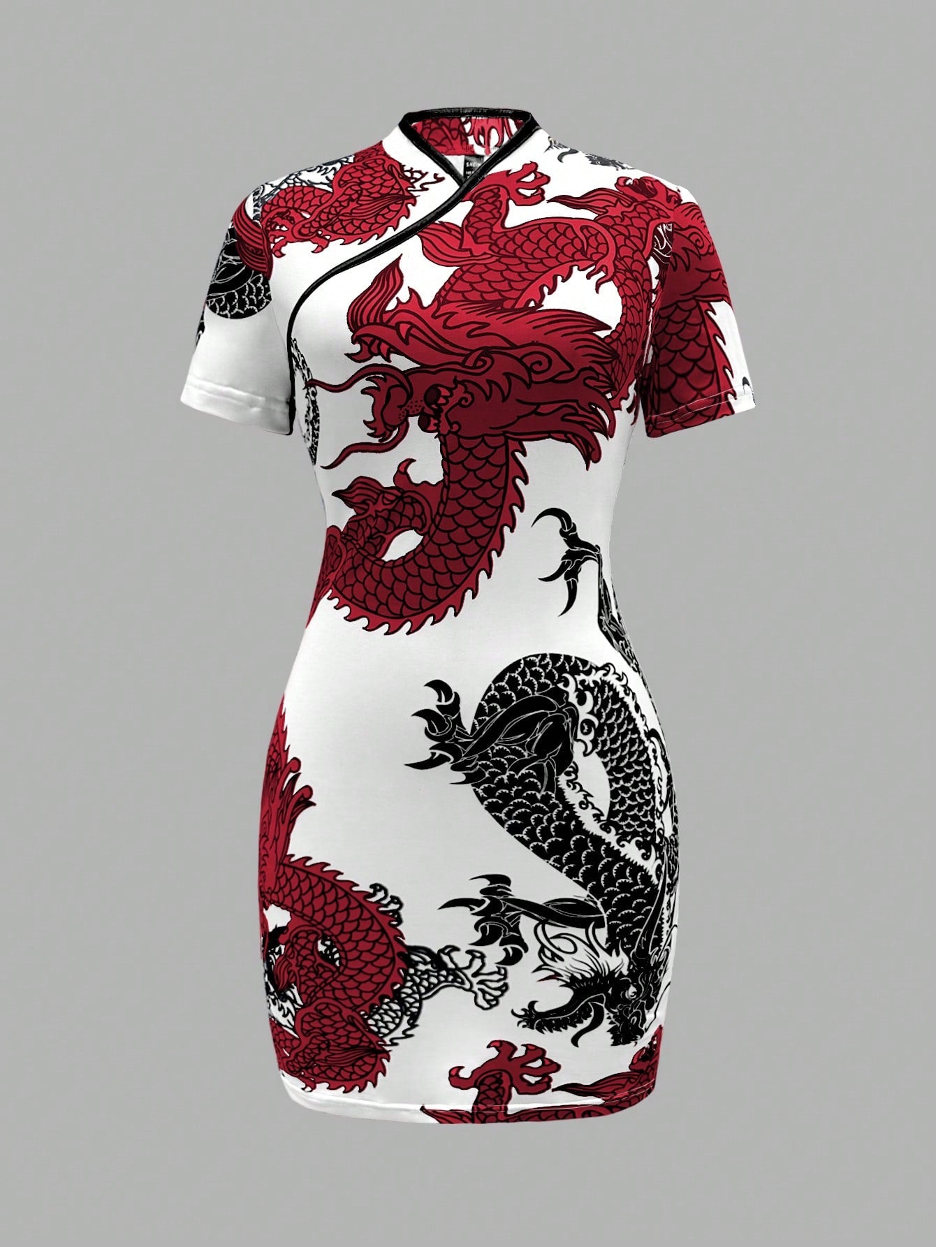Unity Chinese Dragon Print Random Cut Women Summer Stand Collar Short Sleeve Elegant Dress