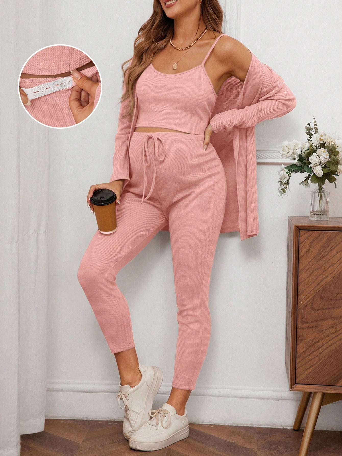 Maternity Waffle Knit Tank Top And Adjustable Bow-Tied Waist Leggings Set With Coat