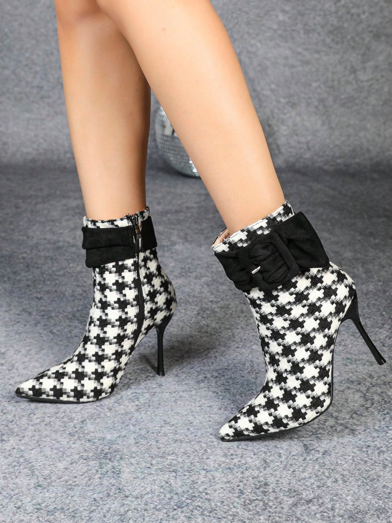 Women Fashion Fabric Upper Short Skinny Heel High Heel Shoes, Elegant European American Houndstooth Zipper Design