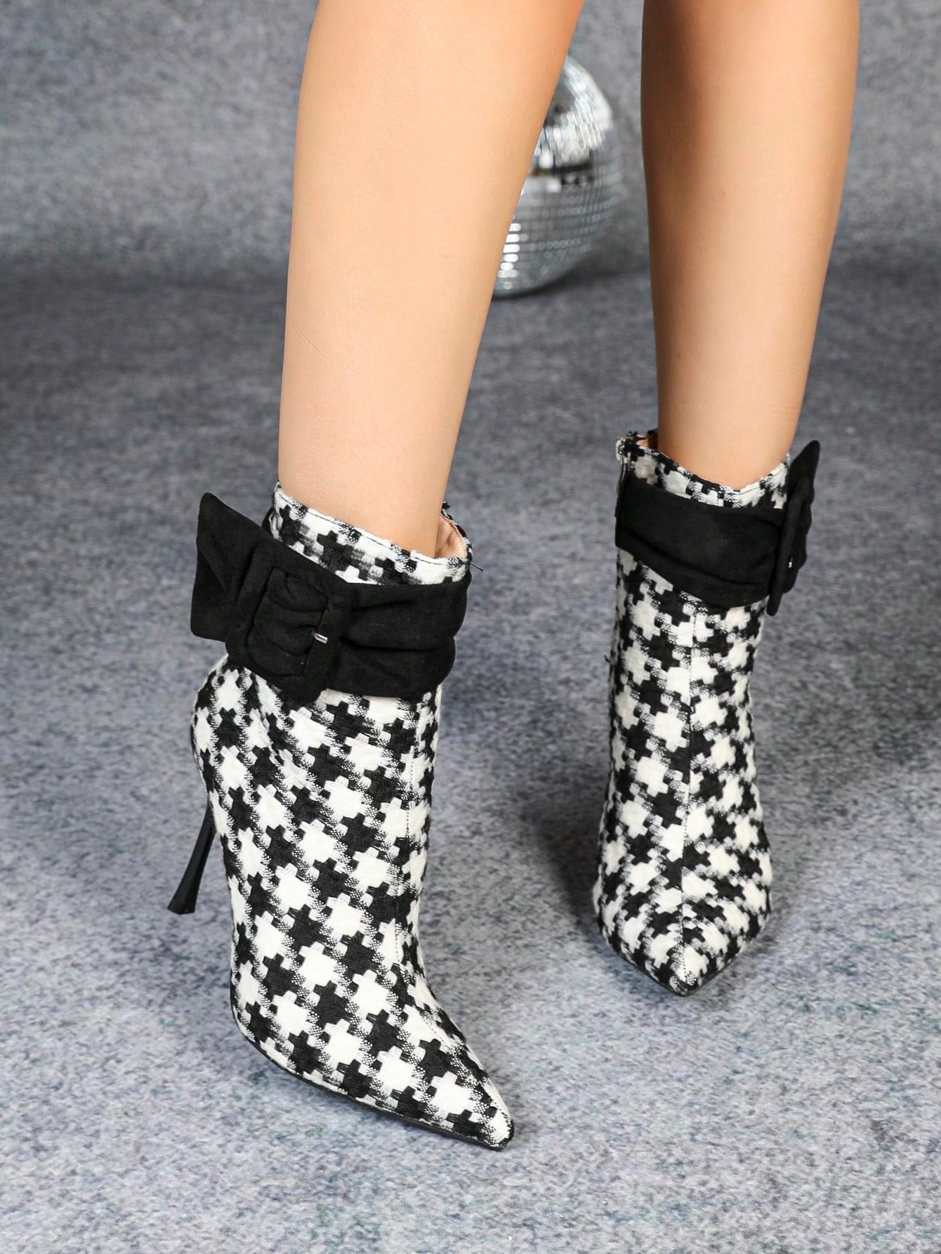Women Fashion Fabric Upper Short Skinny Heel High Heel Shoes, Elegant European American Houndstooth Zipper Design
