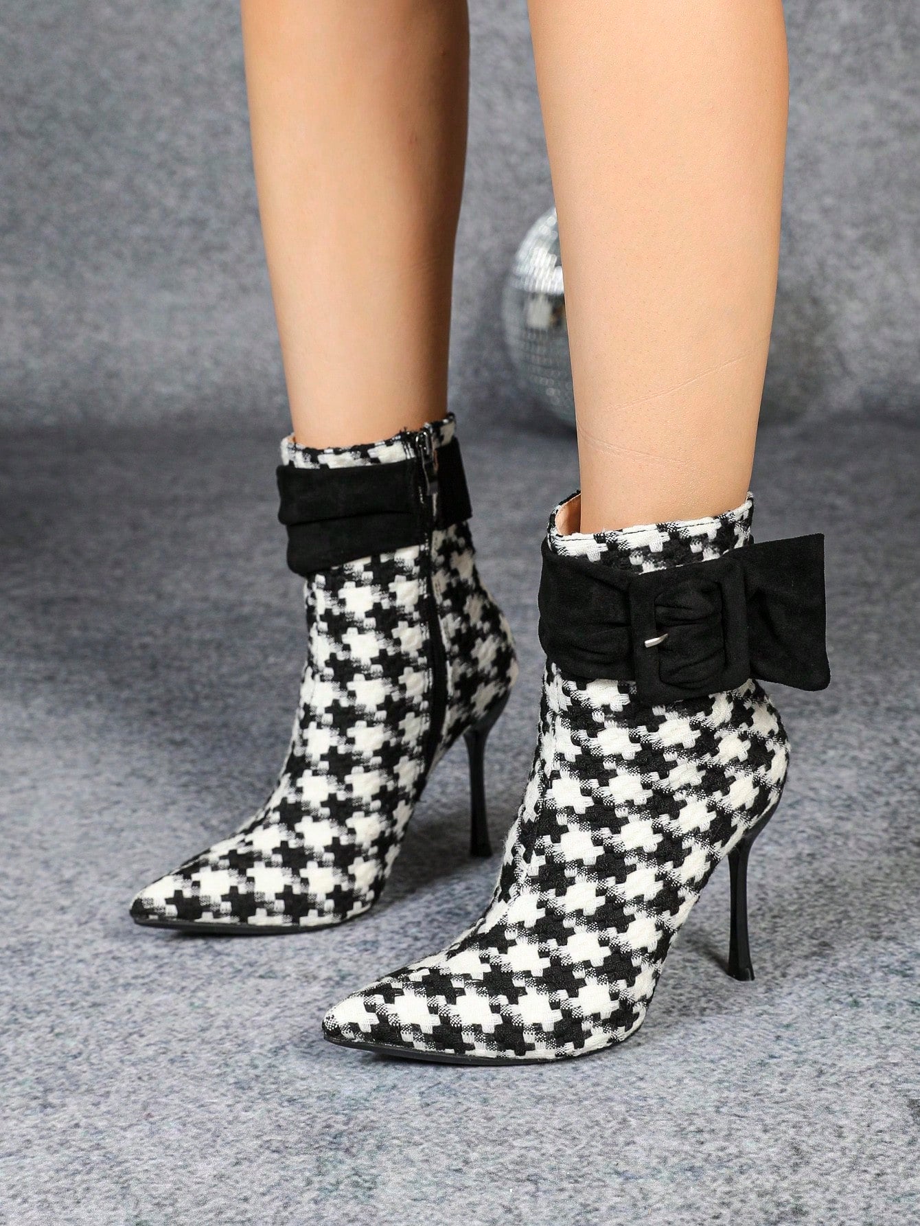 Women Fashion Fabric Upper Short Skinny Heel High Heel Shoes, Elegant European American Houndstooth Zipper Design