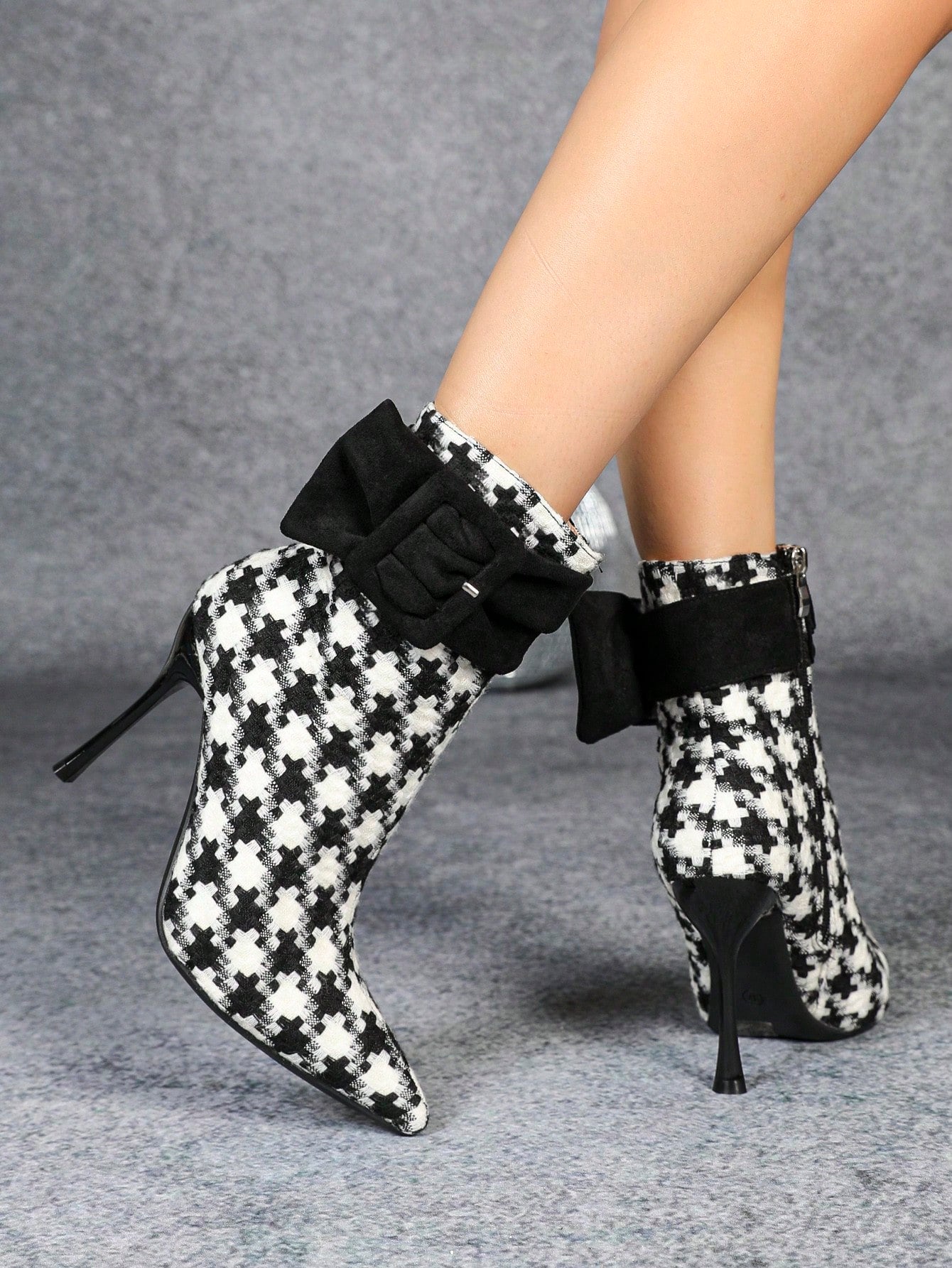 Women Fashion Fabric Upper Short Skinny Heel High Heel Shoes, Elegant European American Houndstooth Zipper Design