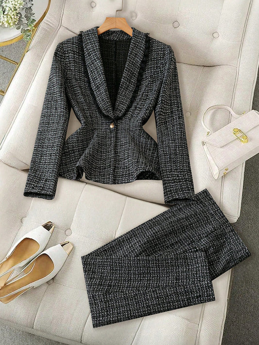 Clasi 2pcs Lace Patchwork Shawl Neck Button Front Long Sleeve Slim Fit Blazer Jacket & Pants Suit Set