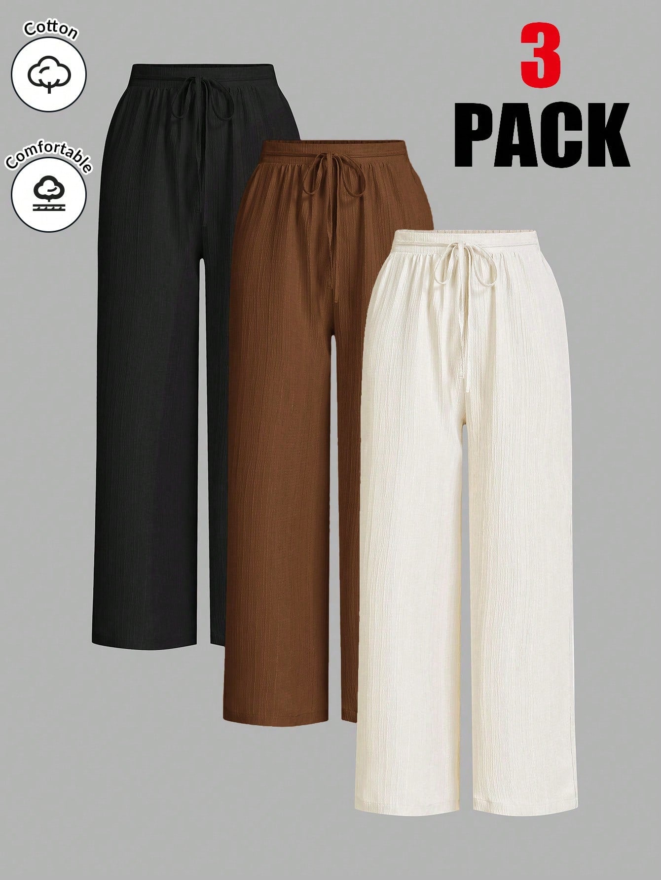 Essnce Women Solid Color Waist Tie Loose Casual 3-Piece Set, Wide Leg Pants