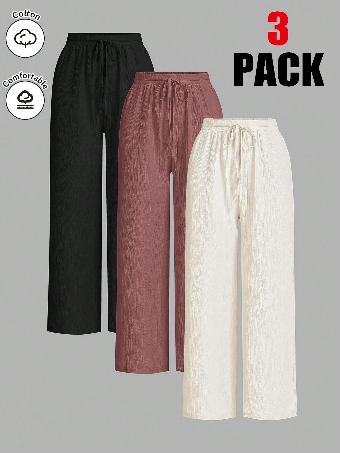Essnce Women Solid Color Waist Tie Loose Casual 3-Piece Set, Wide Leg Pants