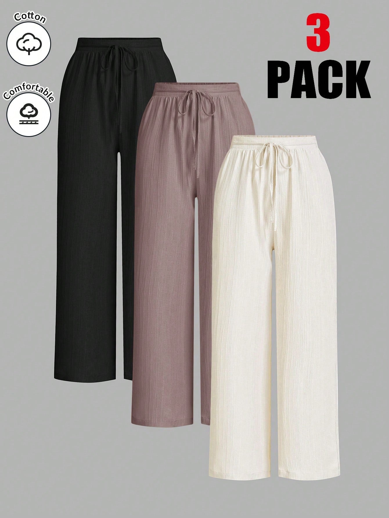 Essnce Women Solid Color Waist Tie Loose Casual 3-Piece Set, Wide Leg Pants