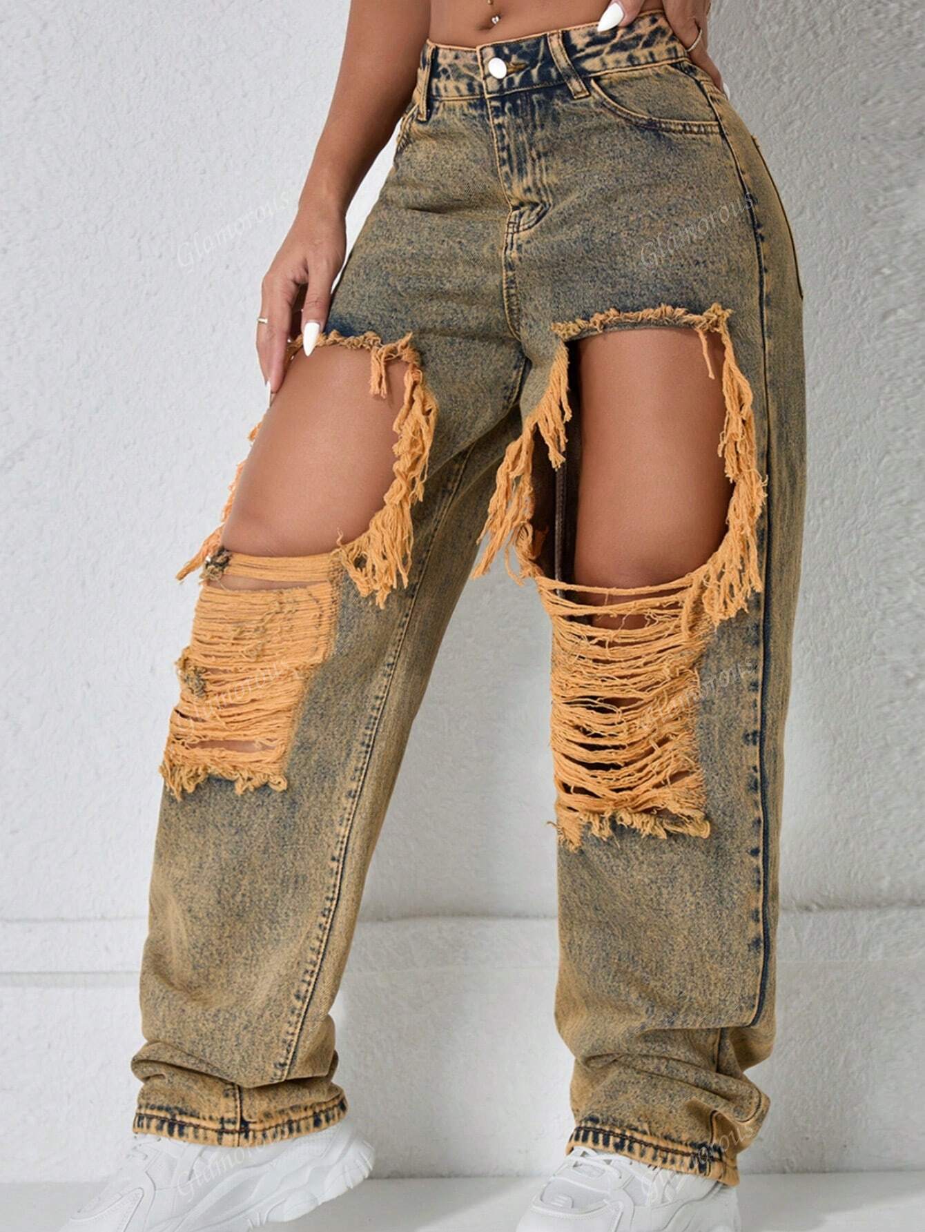Street High Waist Slant Pocket Ripped Straight Leg Jeans