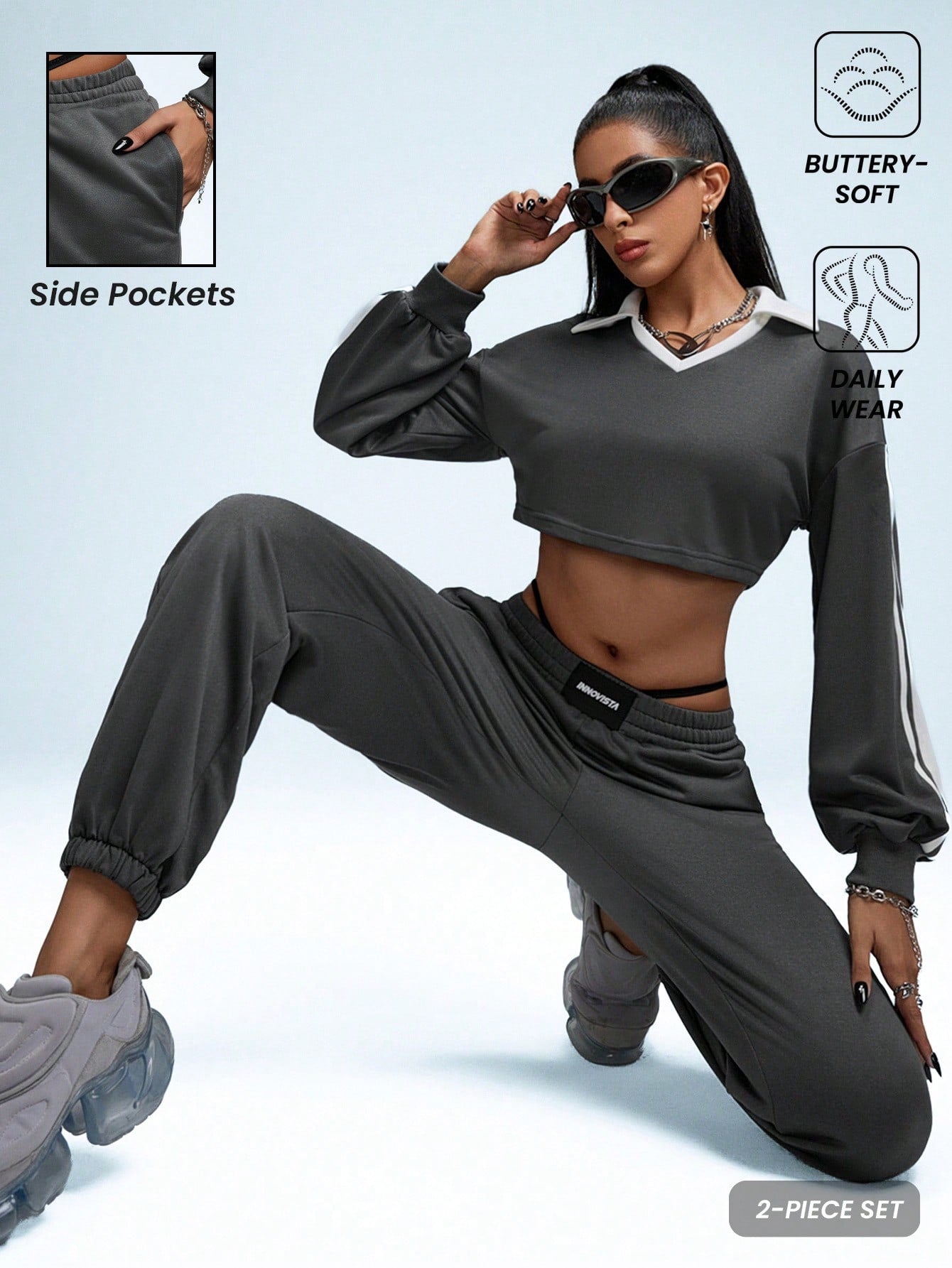 Innovista Women's Colorblock Loose Fit 2pcs Sports Sets,2 Pieces Set,Tracksuit,Girls' Activewear Set,Colorblock,Back To School,Gym,Workout,Yoga,Daily Casual,Running,Dark Grey Sets,Fall Winter Women Outfit,Winter Women Clothes
