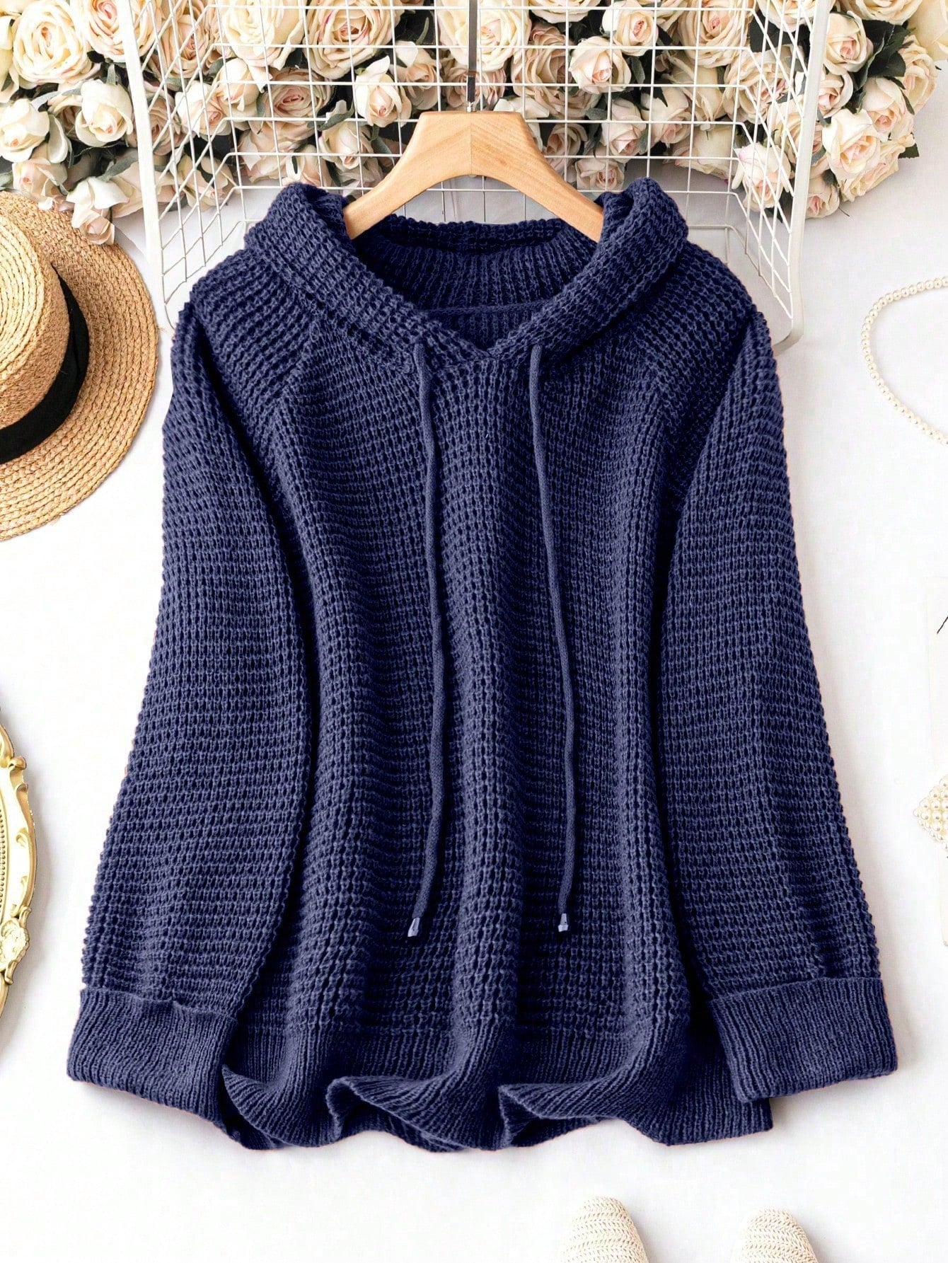 Plus Raglan Sleeve Drawstring Hooded Sweater, Winter