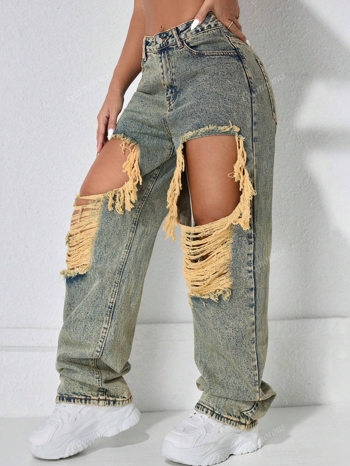 Street High Waist Slant Pocket Ripped Straight Leg Jeans