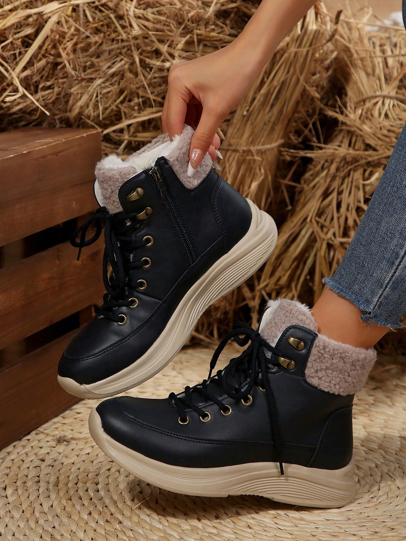 New Winter Warm Lightweight Flat Faux Fur Cuff Comfortable Snow Boots For Women