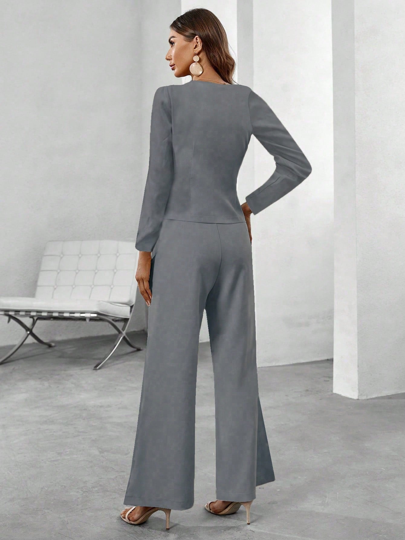 Raffinéa Women's Solid V-Neck Button Decor Fitted Blazer And Wide Leg Pants 2 Piece Suit