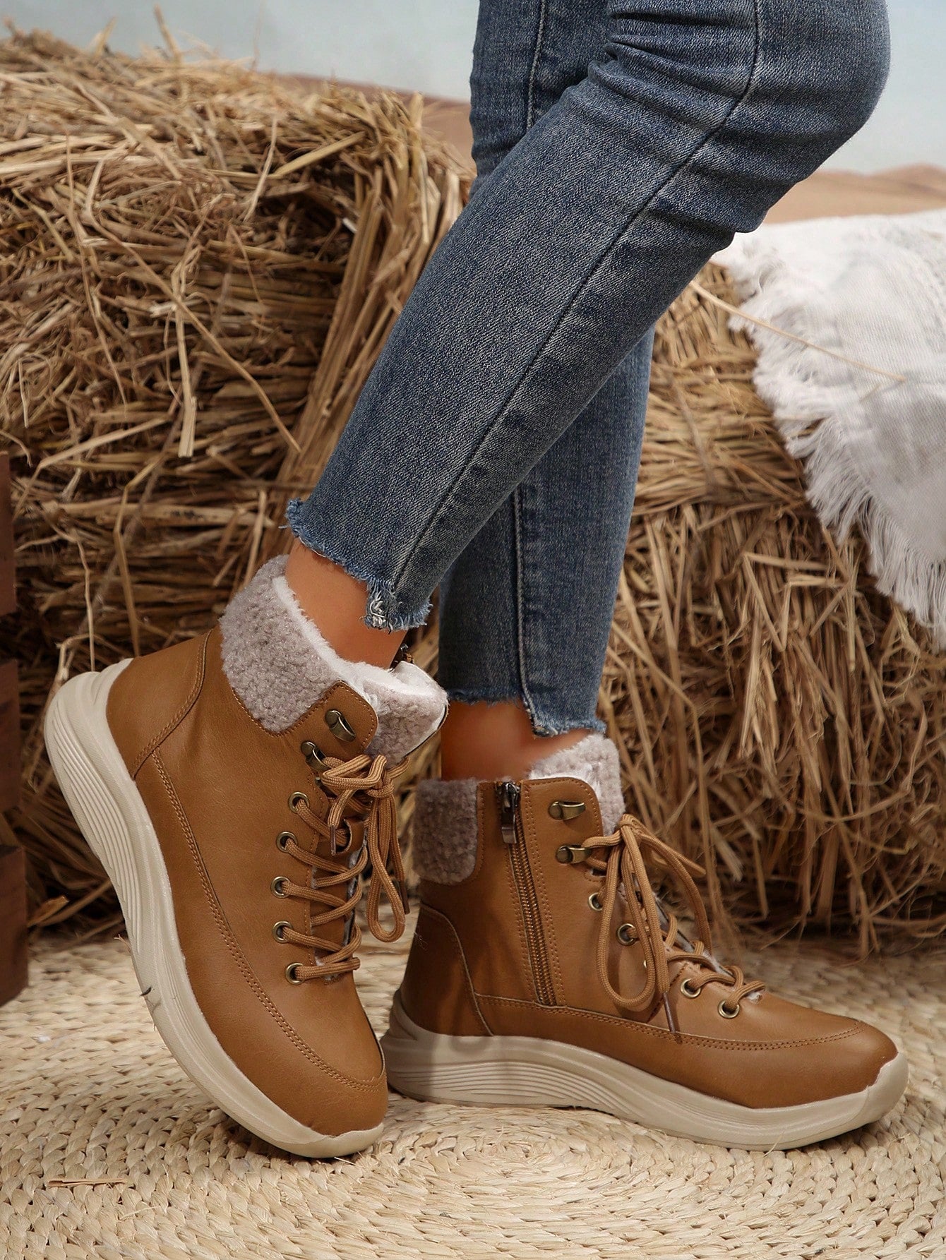 New Winter Warm Lightweight Flat Faux Fur Cuff Comfortable Snow Boots For Women