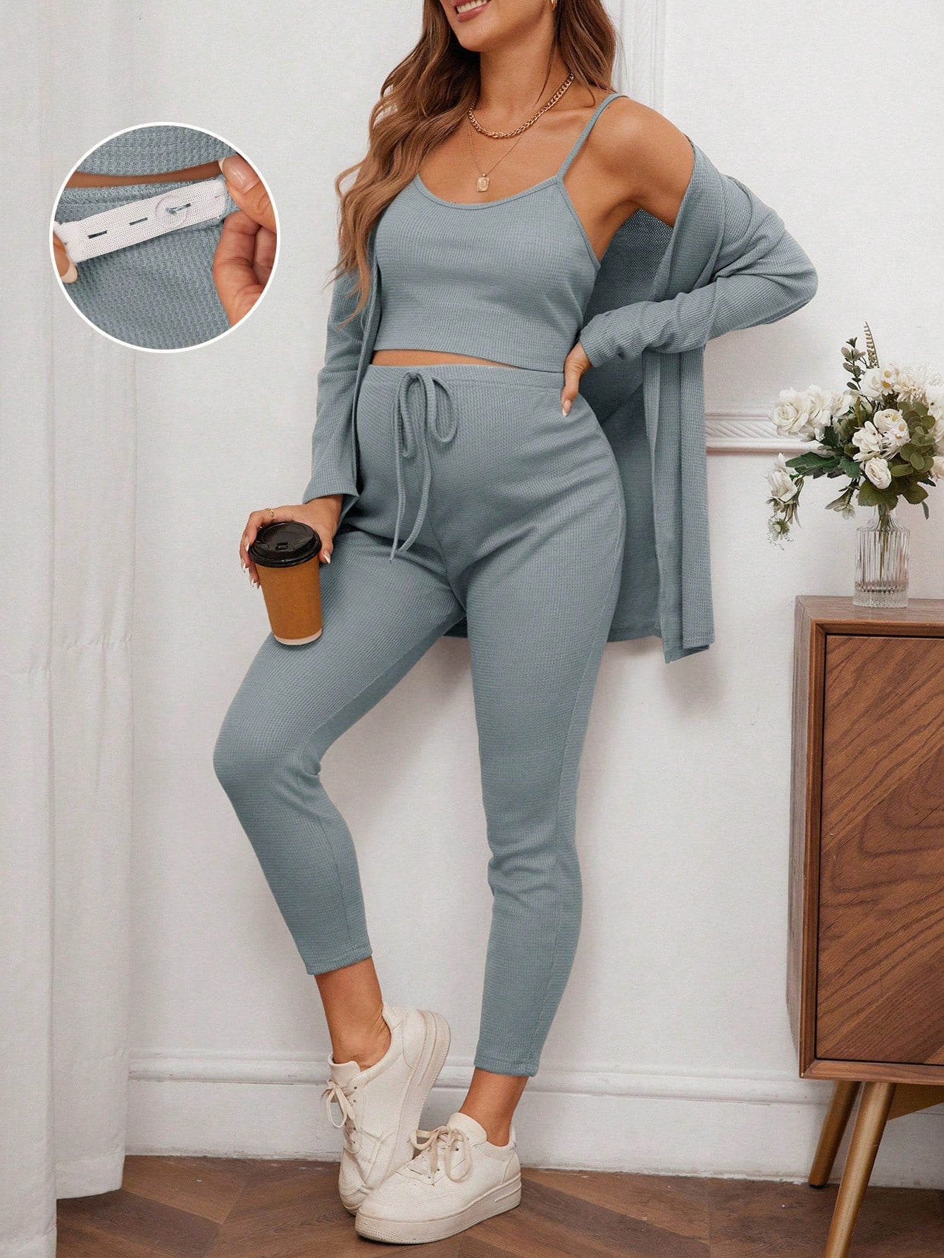 Maternity Waffle Knit Tank Top And Adjustable Bow-Tied Waist Leggings Set With Coat